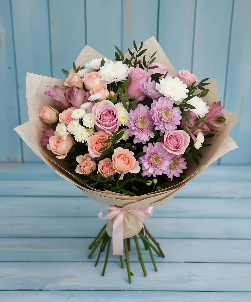 Букет цветов из: Хризантемы, Розы и Альстромерии в Лесной Городок
