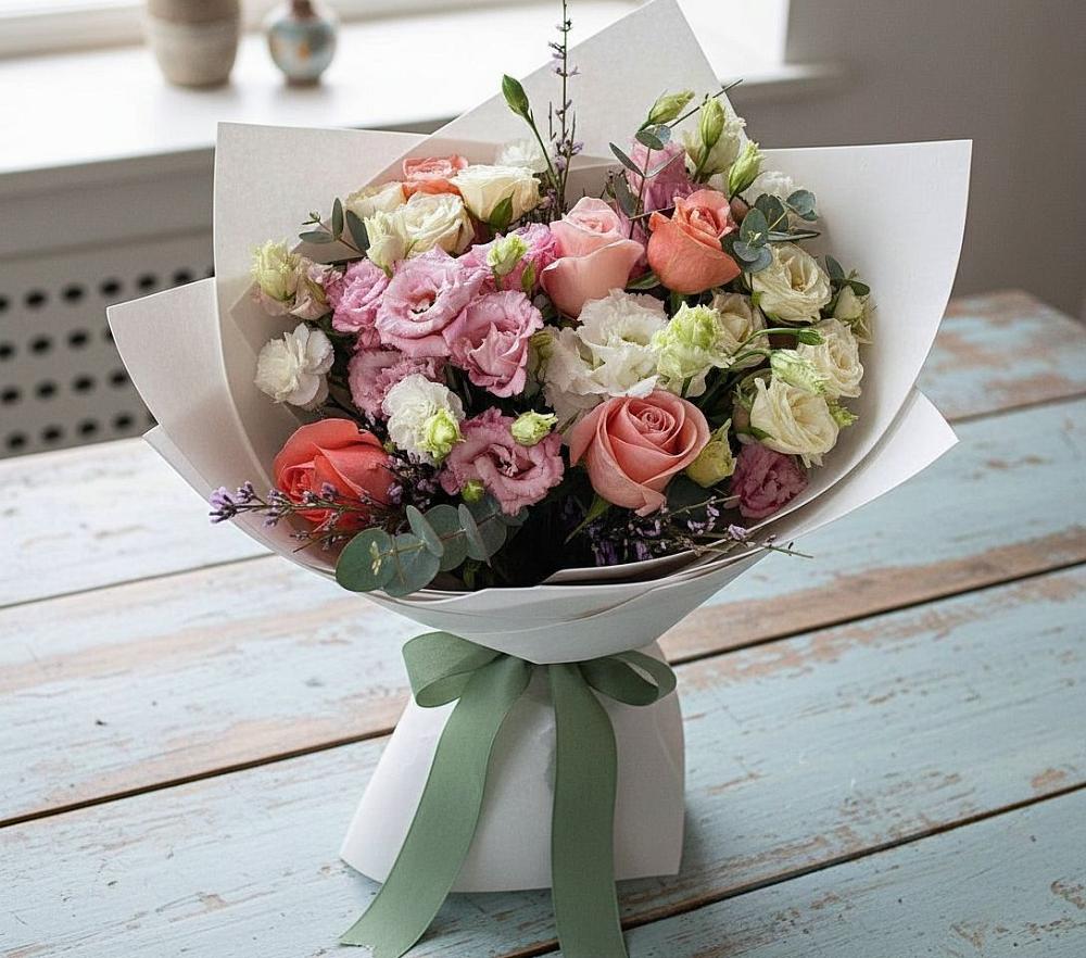 Букет цветов из: Розы, Лизиантусы и Гвоздики в Лесной Городок