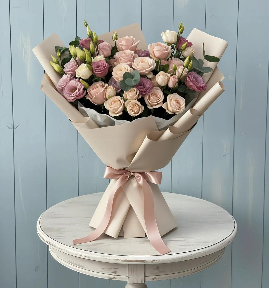 Букет цветов из: Розы и Лизиантусы в Лесной Городок