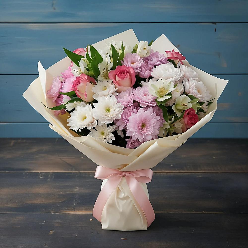 Букет цветов из: Хризантемы, Альстромерии и Розы в Лесной Городок